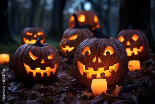 A picture of a group of carved pumpkins with candles lit inside in a park on a fall evening, halloween celebrations photo © Ingenious Buddy 