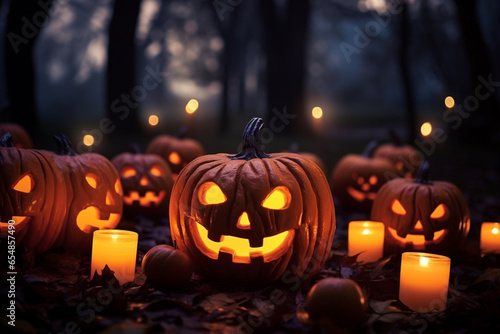 A picture of a group of carved pumpkins with candles lit inside in a park on a fall evening, halloween celebrations image © Ingenious Buddy 