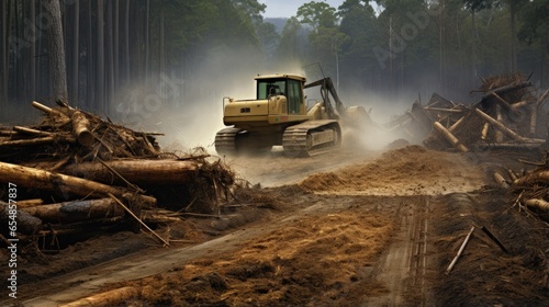 Mulching felled trees in deforestation using a horizontal grinder