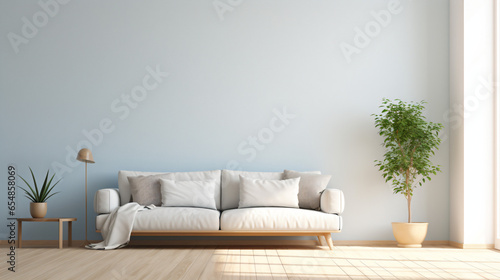 シンプルな淡い青色の壁にナチュラルなソファーがある部屋 © dont
