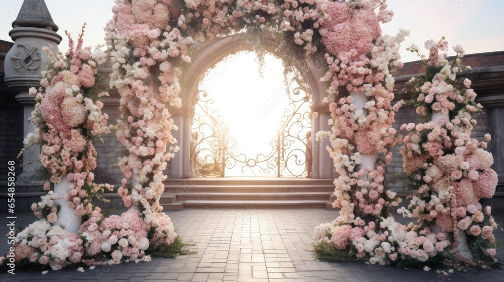 Flower adorned wedding arch in luxurious wedding area - obrazy, fototapety, plakaty 