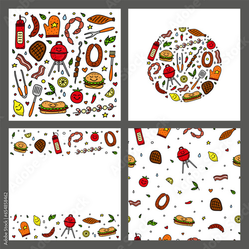 Set of cards with cute doodle barbecue and picnic icons.