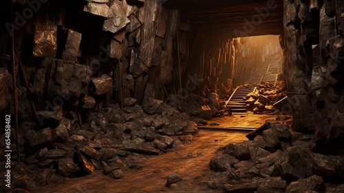 Foto Collapsed timbered underground tunnel in deserted copper mine