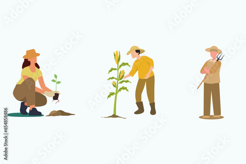 Set of different farming activities flat illustrations vector. woman planting trees. farmer harvests corn. farmer posing holding agricultural tools