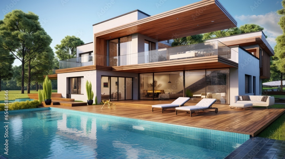 Fototapeta premium Contemporary vacation villa with pool and deck in modern design