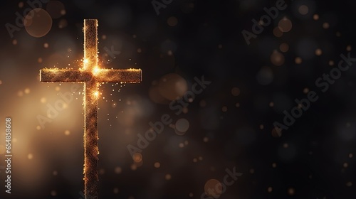 Christian cross silhouette with lights and bokeh on black background representing faith symbol and church worship Also symbolizes salvation Jesus Christ and Easter in Christianity
