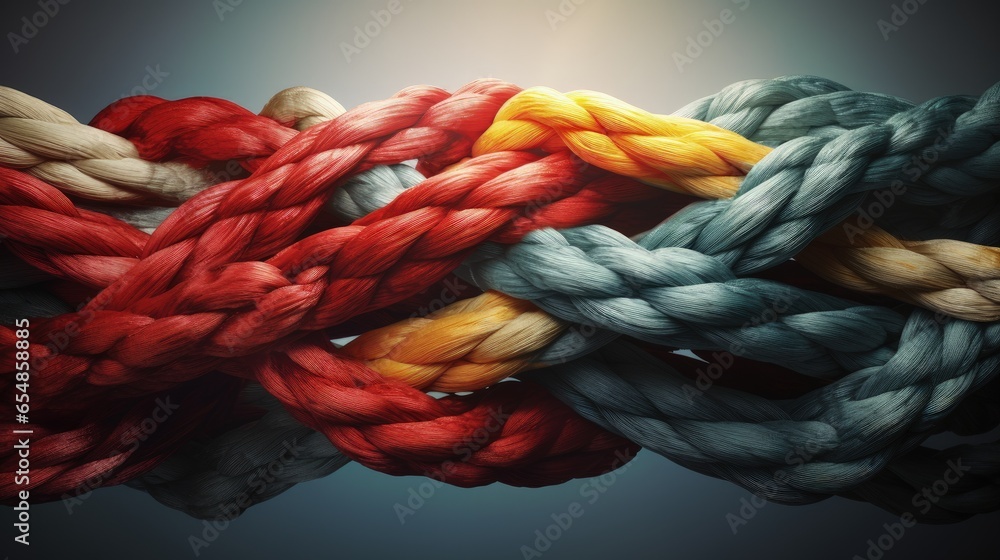 Team unity and teamwork as a metaphor for diverse ropes joining together in a corporate symbol of cooperation and collaboration - obrazy, fototapety, plakaty 