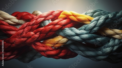 Team unity and teamwork as a metaphor for diverse ropes joining together in a corporate symbol of cooperation and collaboration