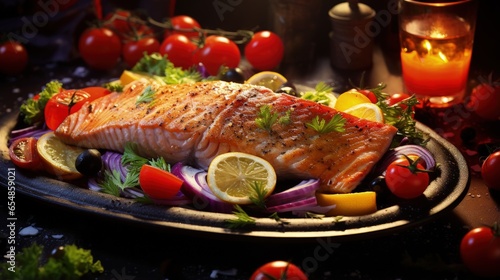 Grilled fish with salad on ...