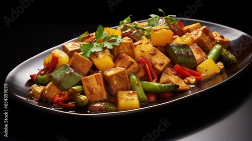 Asia restaurant s popular vegetarian menu Mixed veggies chili and tofu on a plate