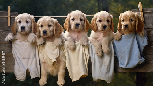 Four seven week old American Cocker Spaniel puppies on a clothesline