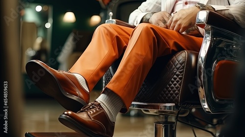 Cropped photo of modern barbershop armchair with male leg adjusting lever