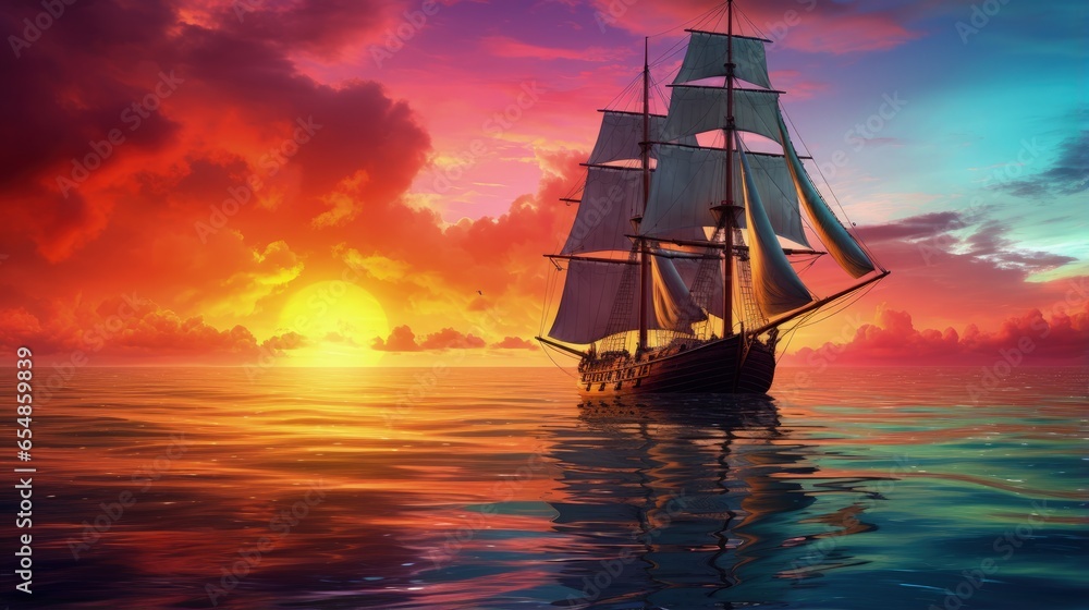 Sailboat sailing against colorful sunset on ocean