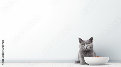 A gray cat peeps from a corner observing a food bowl on a white background Concept of animal emotions