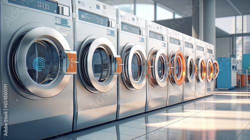 Coin operated washing machines in a public laundromat with silver appliances and dryers in the background