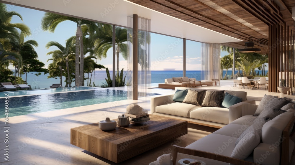 Design of living space with pool view in various types of residences Design of living space with pool view in various types of residences