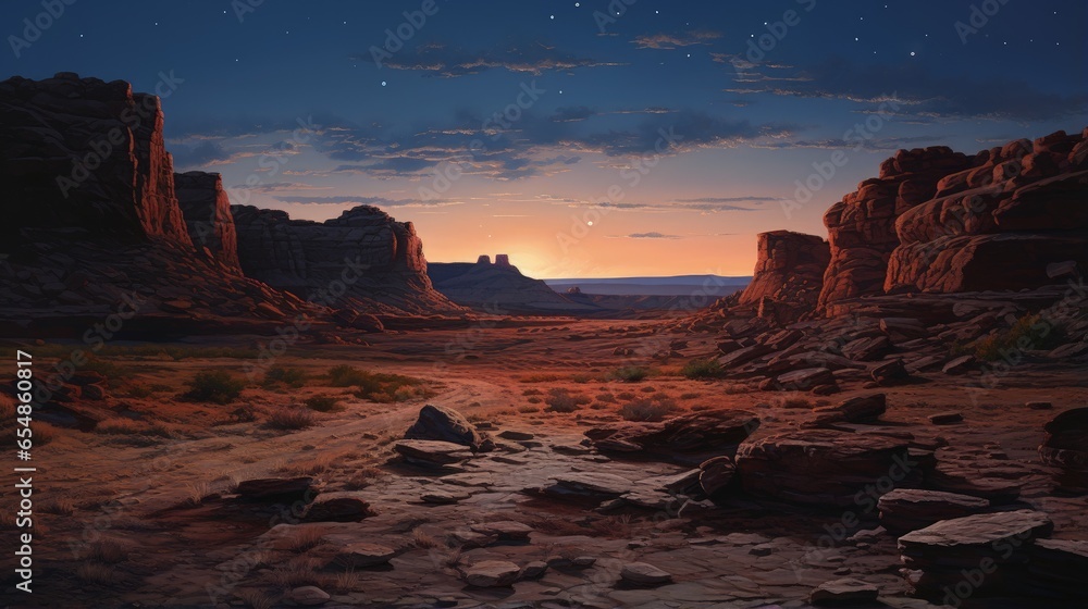 Rocky desert landscape seen at dusk - obrazy, fototapety, plakaty 