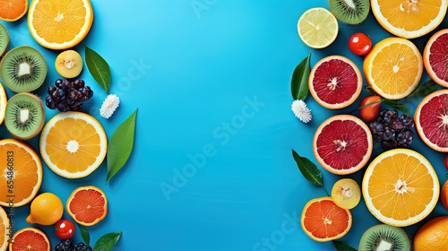 Top view of various exotic tropical fruits on a fresh blue background representing travel healthy food and a vegan diet
