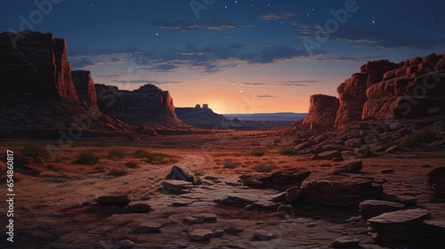 Rocky desert landscape seen at dusk