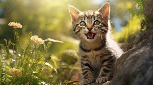 Cute outdoor tabby kitty meows