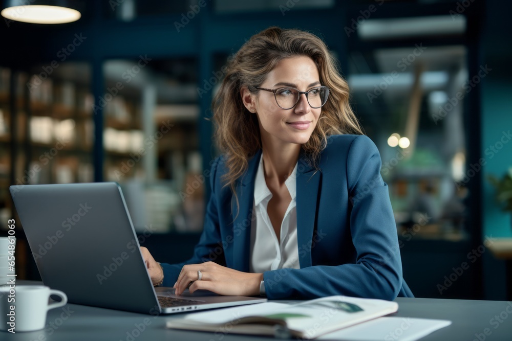 Portrait of successful woman in business suit in office. Woman leader or director of the company Portrait of successful woman in business suit in office. Woman leader or director of the company