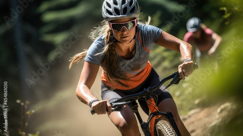 Professional Female Biker Fight To Win Mountain Bike Race