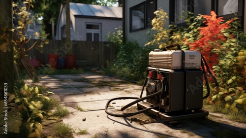 Generator on sidewalk in garden photo