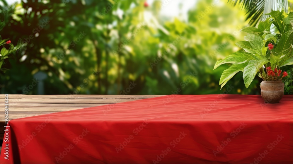 Outdoor summer picnic in the garden with a wooden table red napkin cover and white studio background - obrazy, fototapety, plakaty 