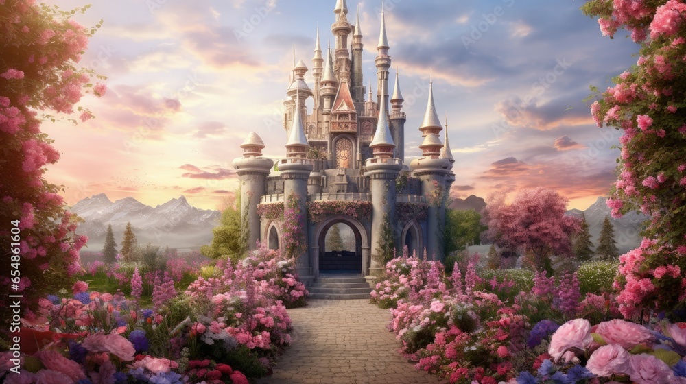 3D illustration of a fantasy castle surrounded by flowers roses and clouds