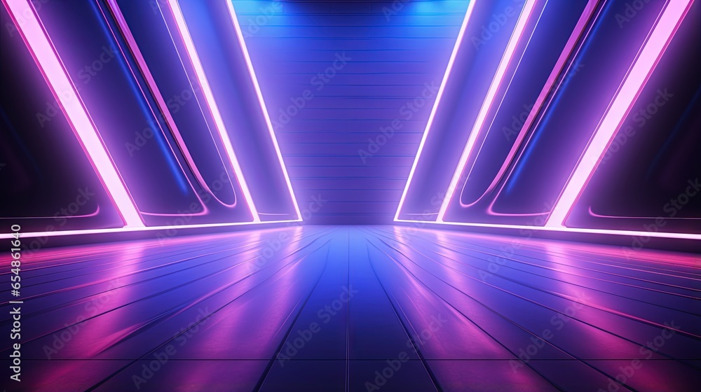 Neon lamps create a colorful backdrop with diagonal lines on an empty purple stage - obrazy, fototapety, plakaty 