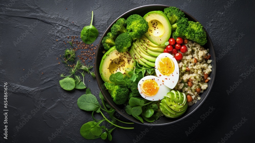 Vegetarian buddha bowl with eggs quinoa spinach avocado and grilled veggies Top view