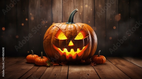 Halloween pumpkin on wood b...