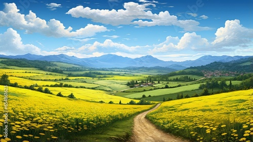 Picturesque nature landscape with yellow fields a road and a stunning valley in bloom