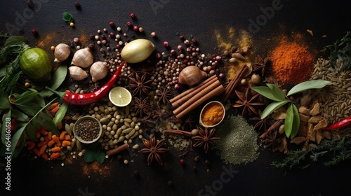 Spices arranged on old dark...