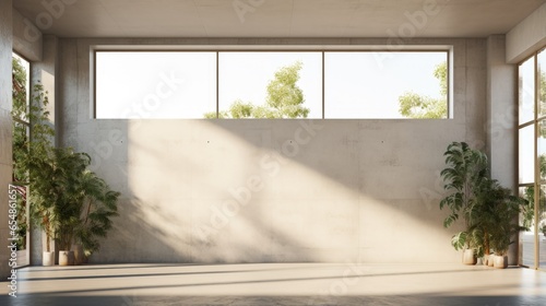 3D picture of a hall with a balcony view featuring plants white walls and wooden columns photo