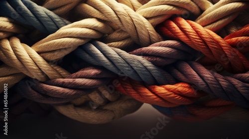 The business metaphor of unity teamwork connects diverse ropes for cooperation