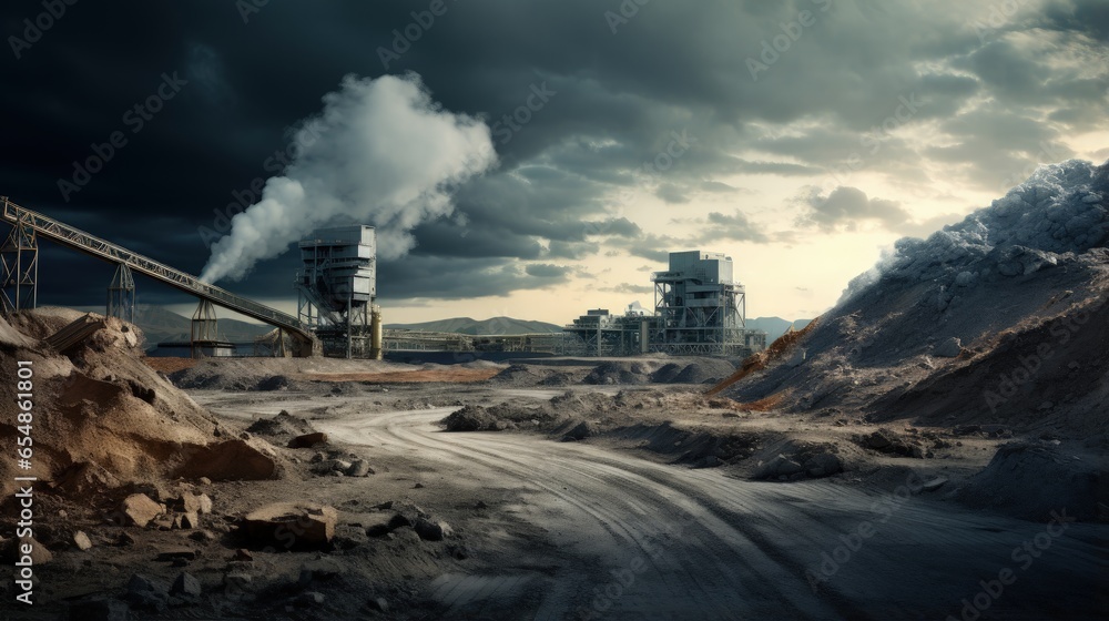 A dramatic sky over a gravel pit and screening plant with conveyor belts in Alberta Canada