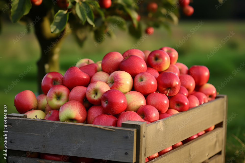 Red apples in boxes on the green grass in autumn orchard. Apple harvest and picking apples on farm in autumn. Red apples in boxes on the green grass in autumn orchard. Apple harvest and picking apples on farm in autumn.