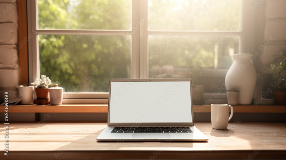 Modern laptop with blank white screen on the table
Modern laptop with blank white screen on the table