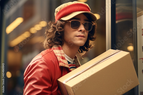 A young man dressed in old-fashioned clothes held up a cardboard box while he looked out the window at the stores, black firday image photo