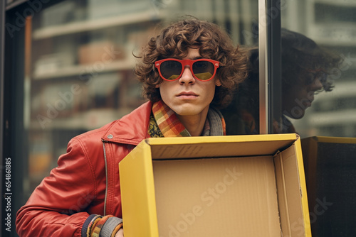 A young man dressed in old-fashioned clothes held up a cardboard box while he looked out the window at the stores, black firday image photo