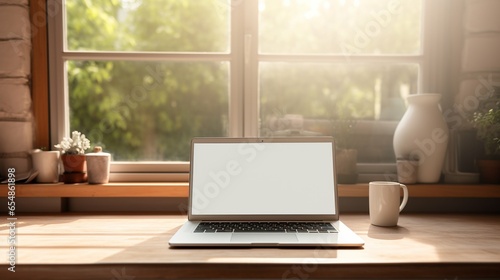 Modern laptop with blank white screen on the table
