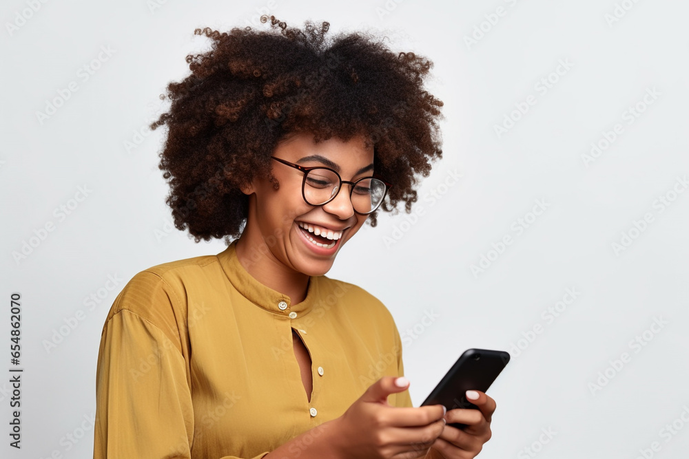 A picture of a happy young black woman using her phone to send messages to her friends, black firday photo A picture of a happy young black woman using her phone to send messages to her friends, black firday photo