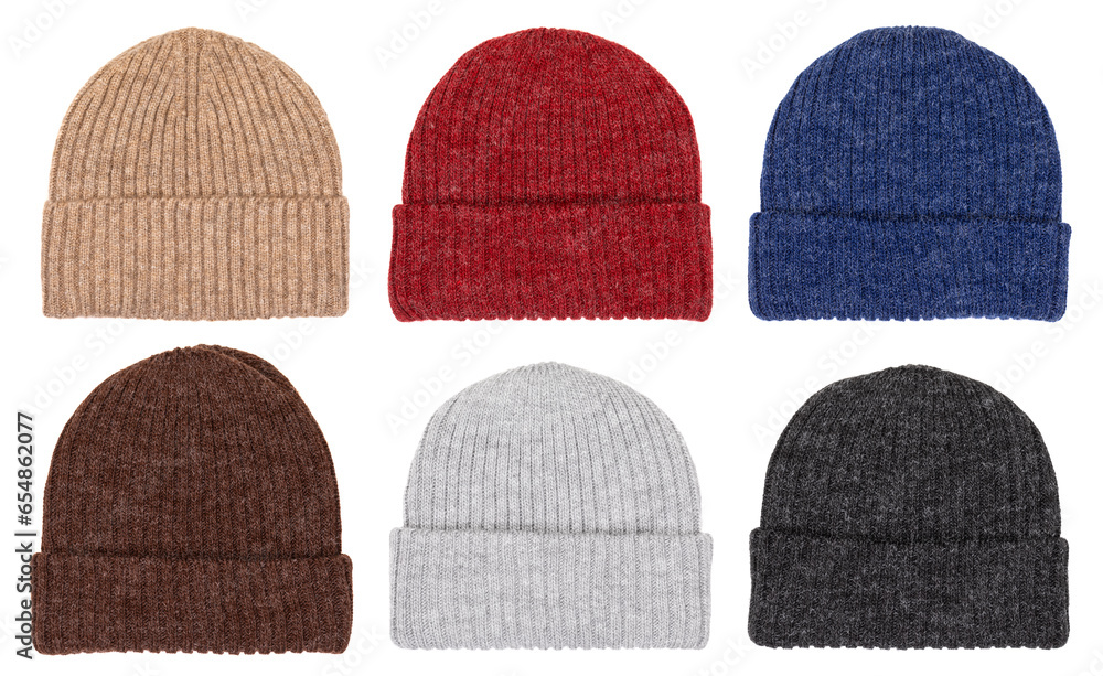 Obraz premium Winter knit cups of various colors isolated on white