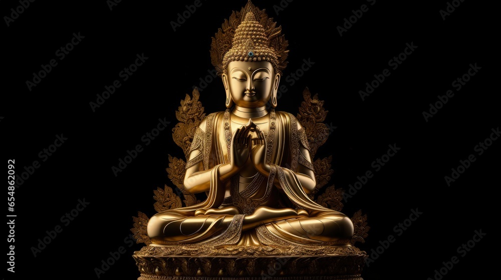 Fototapeta premium Buddha meditating protected by the king of nag Mukalinda Isolated on black