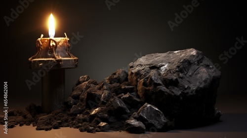 Candle and coal in a graveyard after a mine accident photo