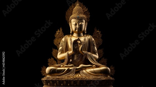 Buddha meditating protected by the king of nag Mukalinda Isolated on black photo