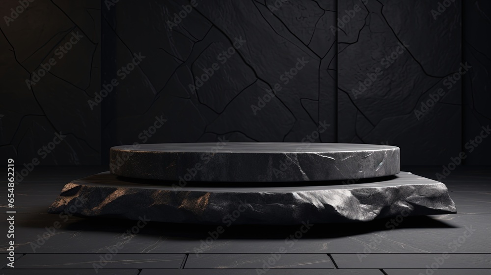Black Stone Rock podium Background for display product. Branding, identity, and packaging of cosmetic product, skincare, beauty treatment product