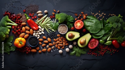 Healthy food choices include fruits seeds cereals superfoods vegetables and leafy greens against a stone background Ideal for human consumption