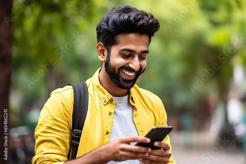 A picture of a young indian man smiling and using his phone on a yellow background, black firday photo photo